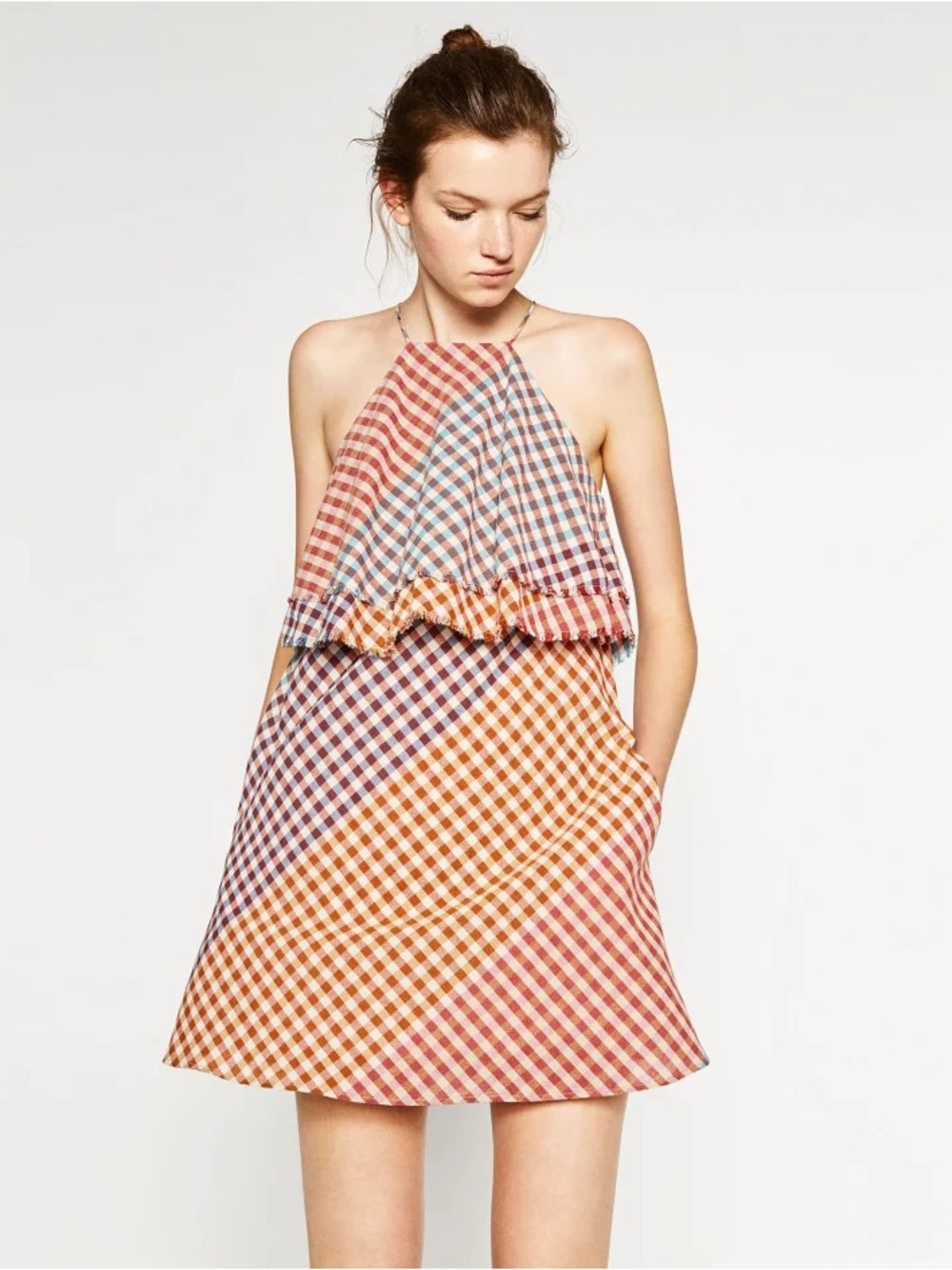 Zara Trafaluc Patchwork Gingham Halter Mini Dress NWT Size S